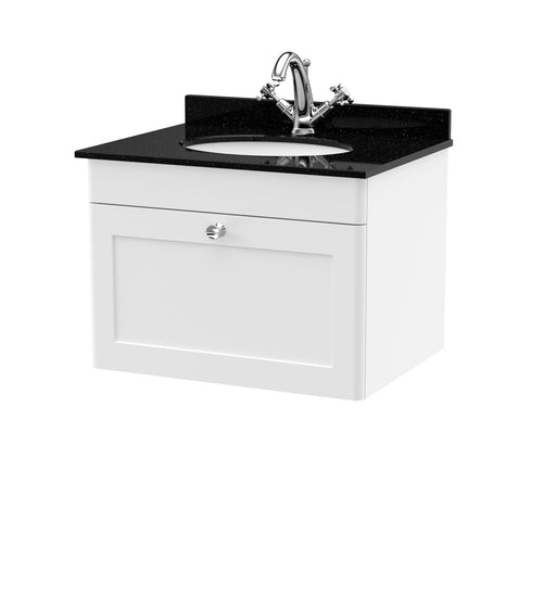 Nuie Classique Wall Hung Vanity Unit with Round Marble Basin - White cabinet, Black Marble