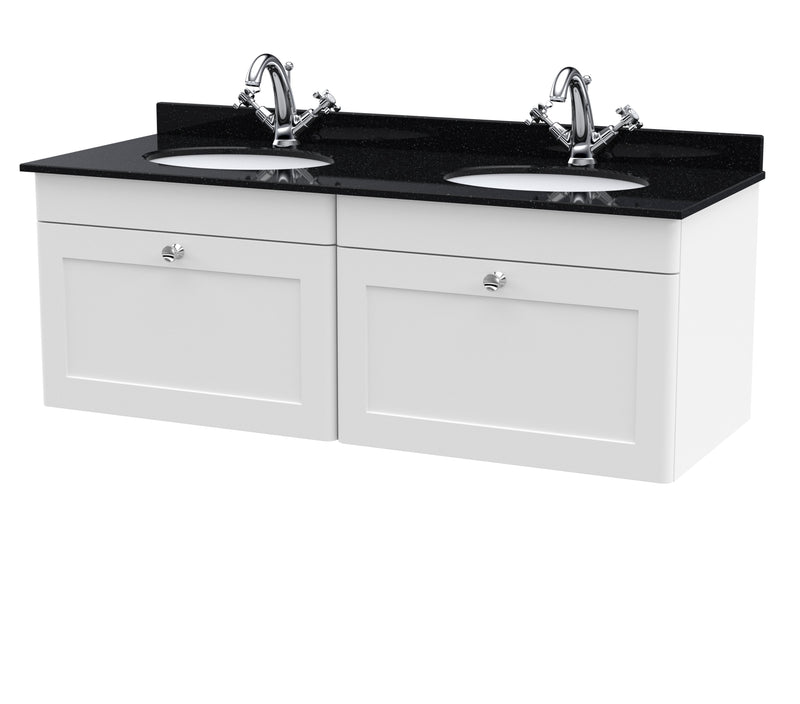 Twin Round Marble Basin WH - White cabinet, Black Marble