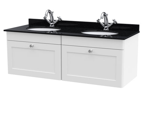 Twin Round Marble Basin WH - White cabinet, Black Marble