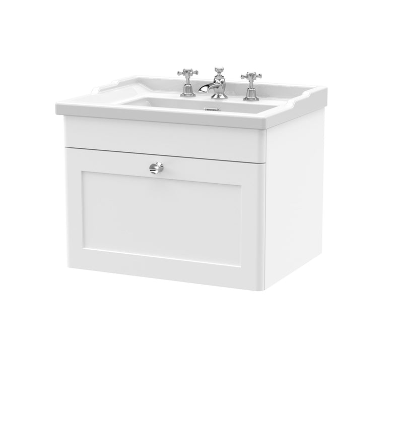 Nuie Classique Wall Hung Vanity Unit with 3 Tap Hole Traditional Basin - White