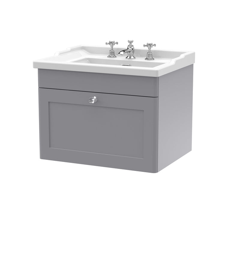 Nuie Classique Wall Hung Vanity Unit with 3 Tap Hole Traditional Basin - Grey