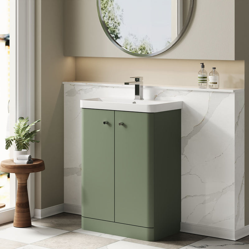 Nuie Core 600mm floor standing vanity unit in Satin Green - bathroom lifestyle setting
