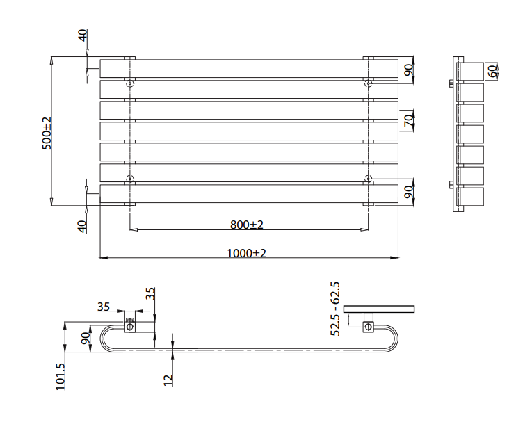 Technical drawing of a radiator with dimensions