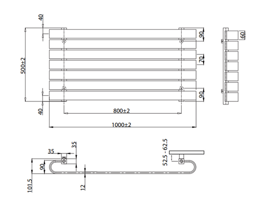 Technical drawing of a radiator with dimensions