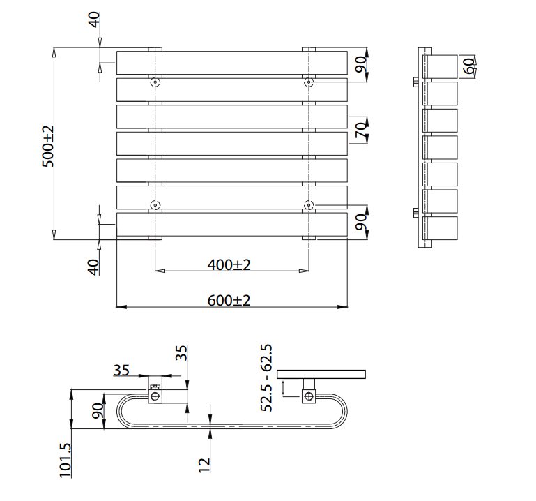Technical drawing of a radiator with dimensions