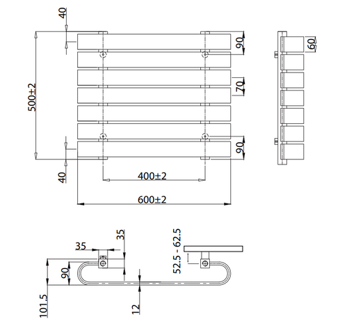 Technical drawing of a radiator with dimensions