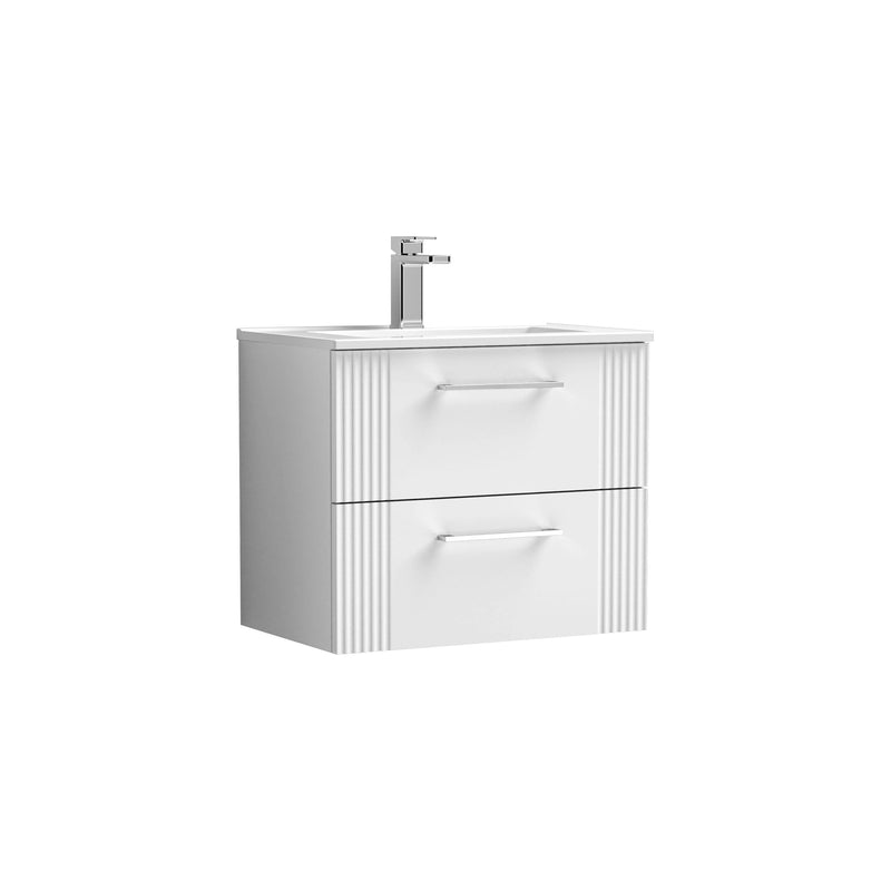 Nuie Deco Wall Hung Vanity Unit with Minimalist Basin - Satin White 600mm 2 drawer
