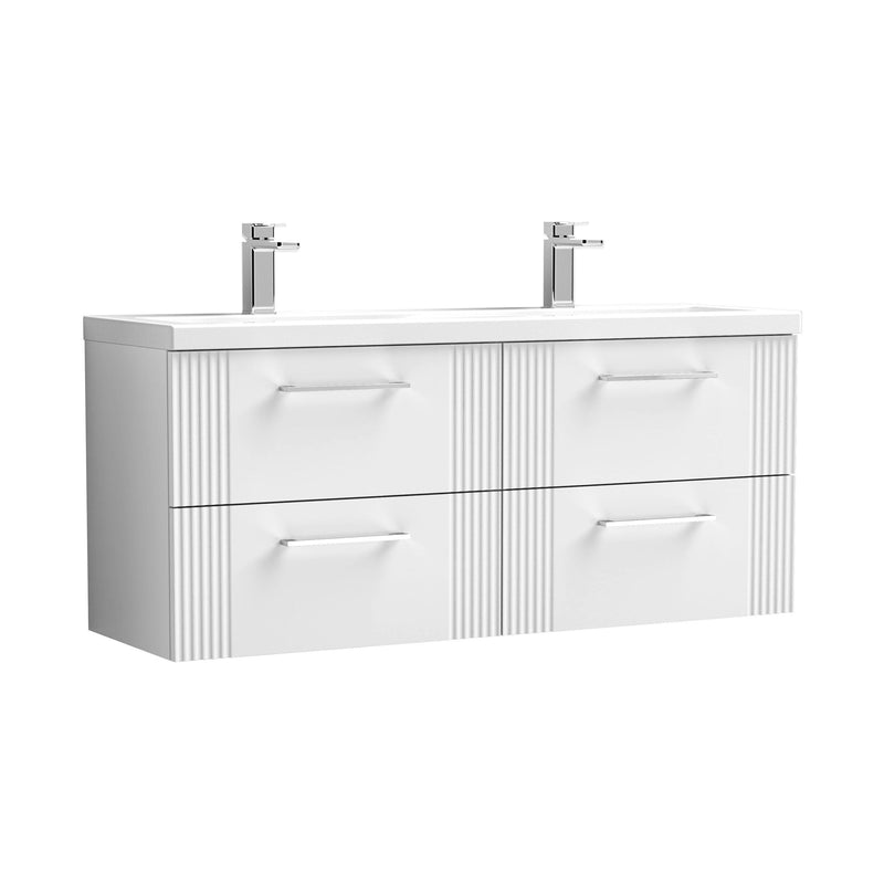 Nuie Deco 1200mm Wall Hung Vanity Unit with 2 Tap Hole Basin - Satin White 4 Drawer Ceramic