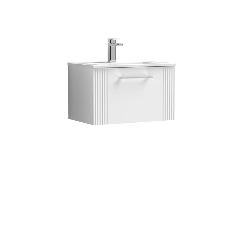 Nuie Deco Wall Hung Vanity Unit with Minimalist Basin - Satin White 600mm 1 drawer