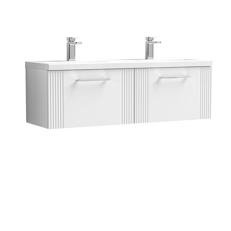 Nuie Deco 1200mm Wall Hung Vanity Unit with 2 Tap Hole Basin - Satin White 2 Drawer Ceramic