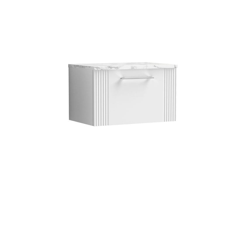 Nuie Deco Counter Top Vanity Unit with Carrara Laminate Worktop - Satin White 600mm 1 Drawer