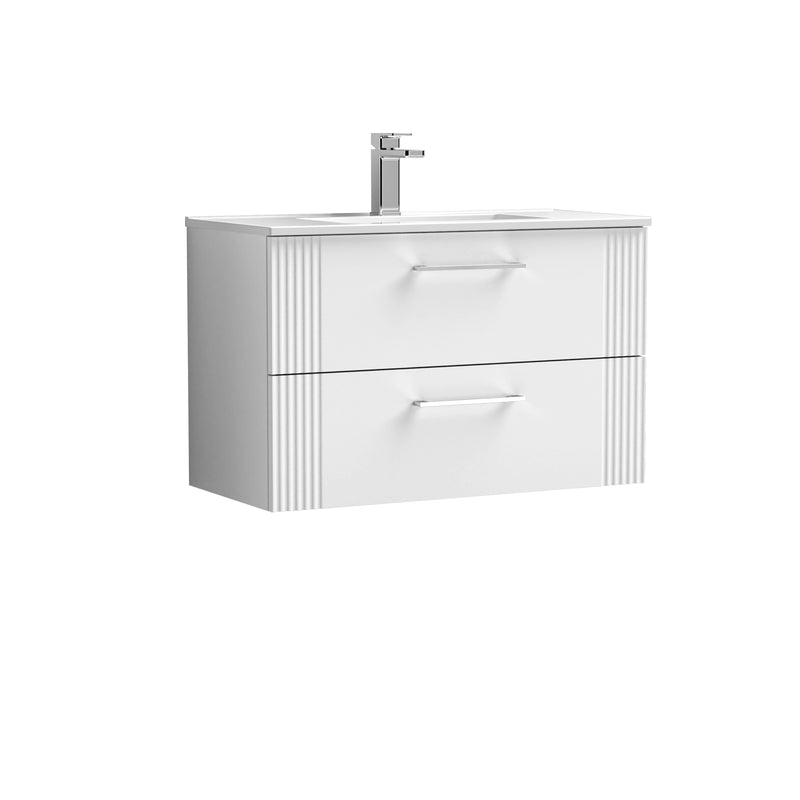 Nuie Deco Wall Hung Vanity Unit with Minimalist Basin - Satin White 800mm 2 drawer
