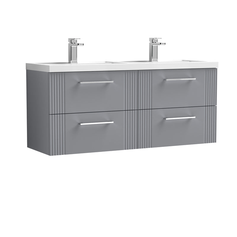 Nuie Deco 1200mm Wall Hung Vanity Unit with 2 Tap Hole Basin - Satin Grey 4 Drawer Polymarble