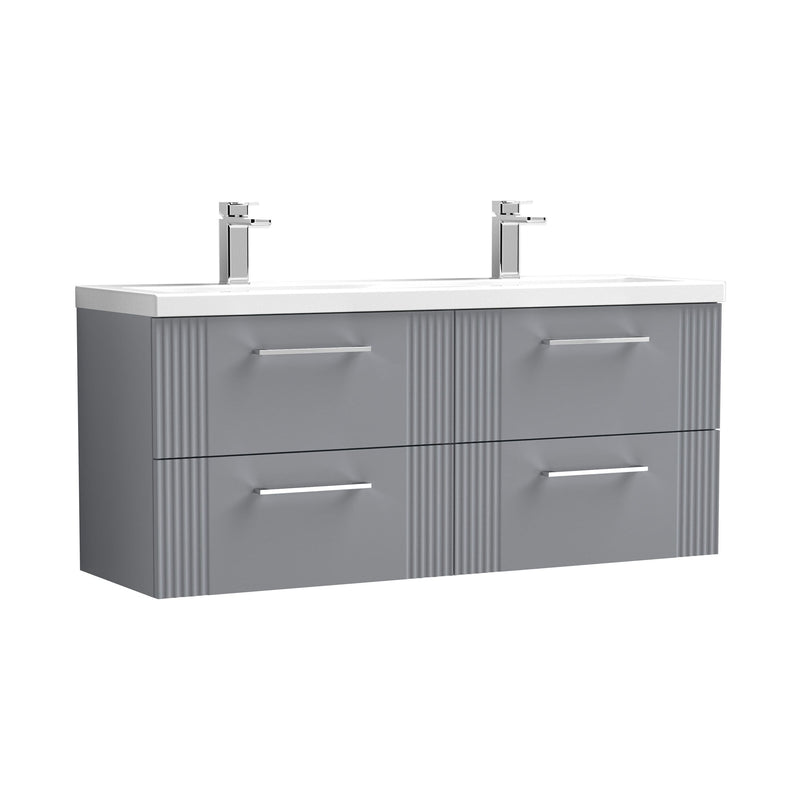 Nuie Deco 1200mm Wall Hung Vanity Unit with 2 Tap Hole Basin - Satin Grey 4 Drawer Ceramic
