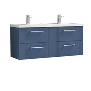 Nuie Deco 1200mm Wall Hung Vanity Unit with 2 Tap Hole Basin - Satin Blue 4 Drawer Polymarble