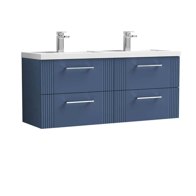 Nuie Deco 1200mm Wall Hung Vanity Unit with 2 Tap Hole Basin - Satin Blue 4 Drawer Polymarble