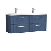 Nuie Deco 1200mm Wall Hung Vanity Unit with 2 Tap Hole Basin - Satin Blue 4 Drawer Ceramic