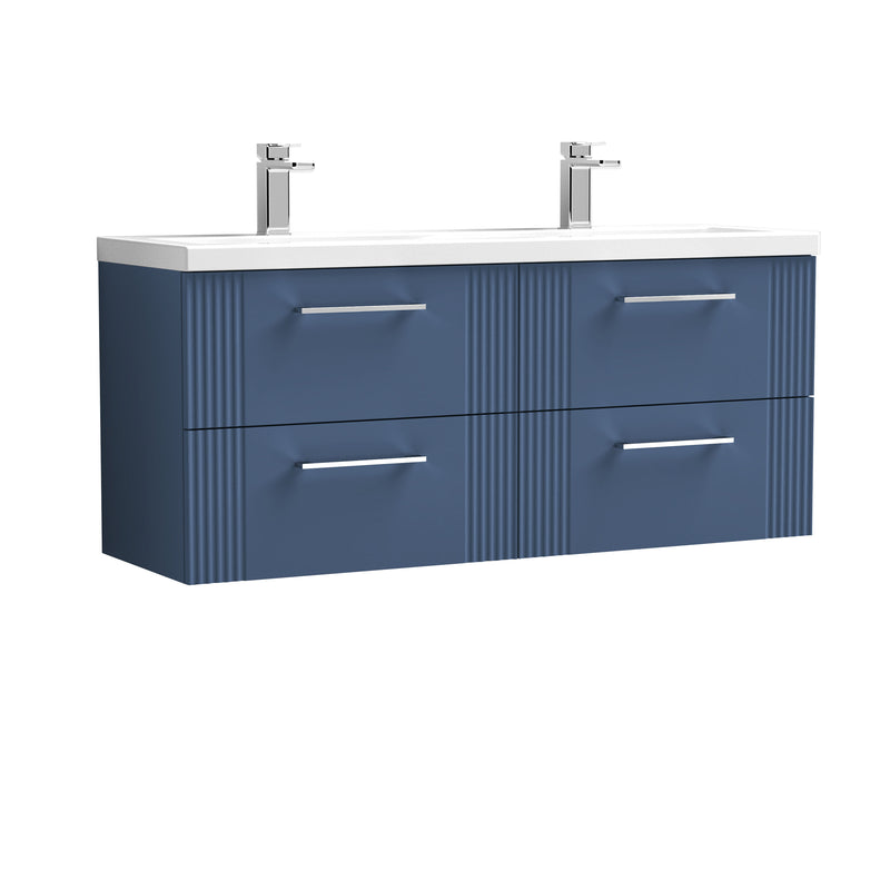 Nuie Deco 1200mm Wall Hung Vanity Unit with 2 Tap Hole Basin - Satin Blue 4 Drawer Ceramic