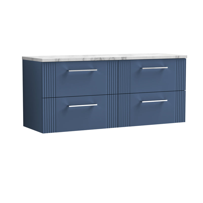 Nuie Deco Counter Top Vanity Unit with Carrara Laminate Worktop - Satin Blue 1200mm 4 Drawer