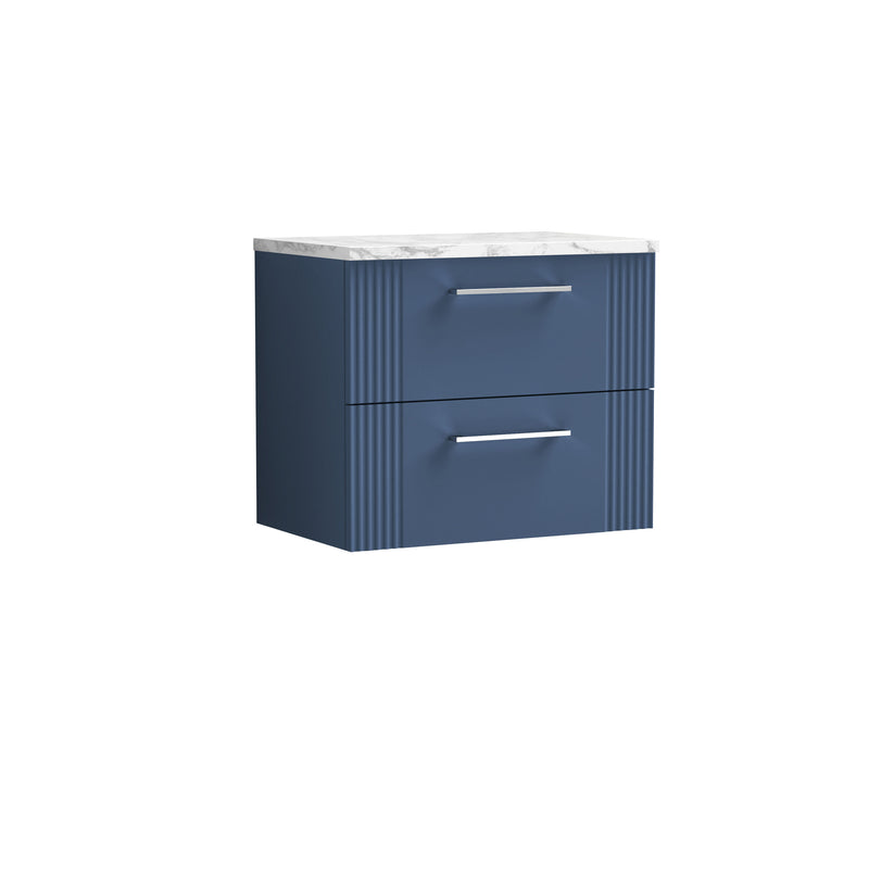 Nuie Deco Counter Top Vanity Unit with Carrara Laminate Worktop - Satin Blue 600mm 2 Drawer