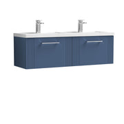 Nuie Deco 1200mm Wall Hung Vanity Unit with 2 Tap Hole Basin - Satin Blue 2 Drawer Polymarble