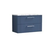 Nuie Deco Counter Top Vanity Unit with Carrara Laminate Worktop - Satin Blue 800mm 2 Drawer