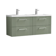 Nuie Deco 1200mm Wall Hung Vanity Unit with 2 Tap Hole Basin - Satin Green 4 Drawer Polymarble