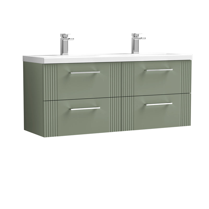 Nuie Deco 1200mm Wall Hung Vanity Unit with 2 Tap Hole Basin - Satin Green 4 Drawer Ceramic