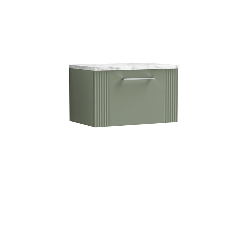 Nuie Deco Counter Top Vanity Unit with Carrara Laminate Worktop - Satin Green 600mm 1 Drawer