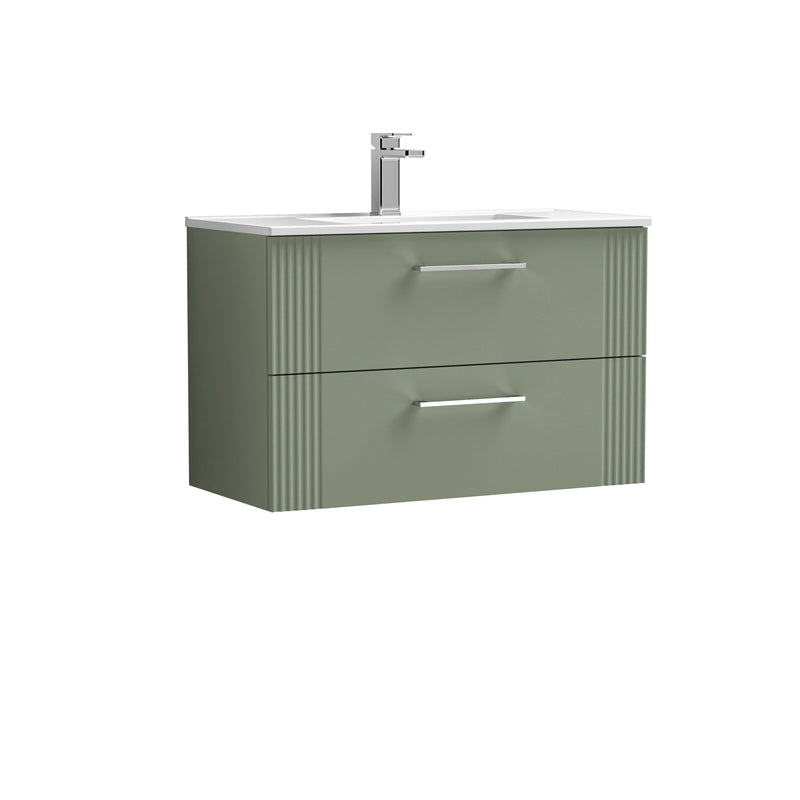 Nuie Deco Wall Hung Vanity Unit with Minimalist Basin - Satin Green 800mm 2 drawer