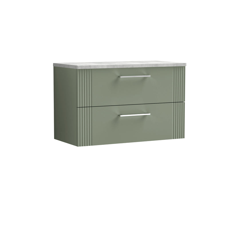 Nuie Deco Counter Top Vanity Unit with Bellato Grey Worktop - Satin Green 800mm 2 Drawer