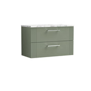 Nuie Deco Counter Top Vanity Unit with Carrara Laminate Worktop - Satin Green 800mm 2 Drawer