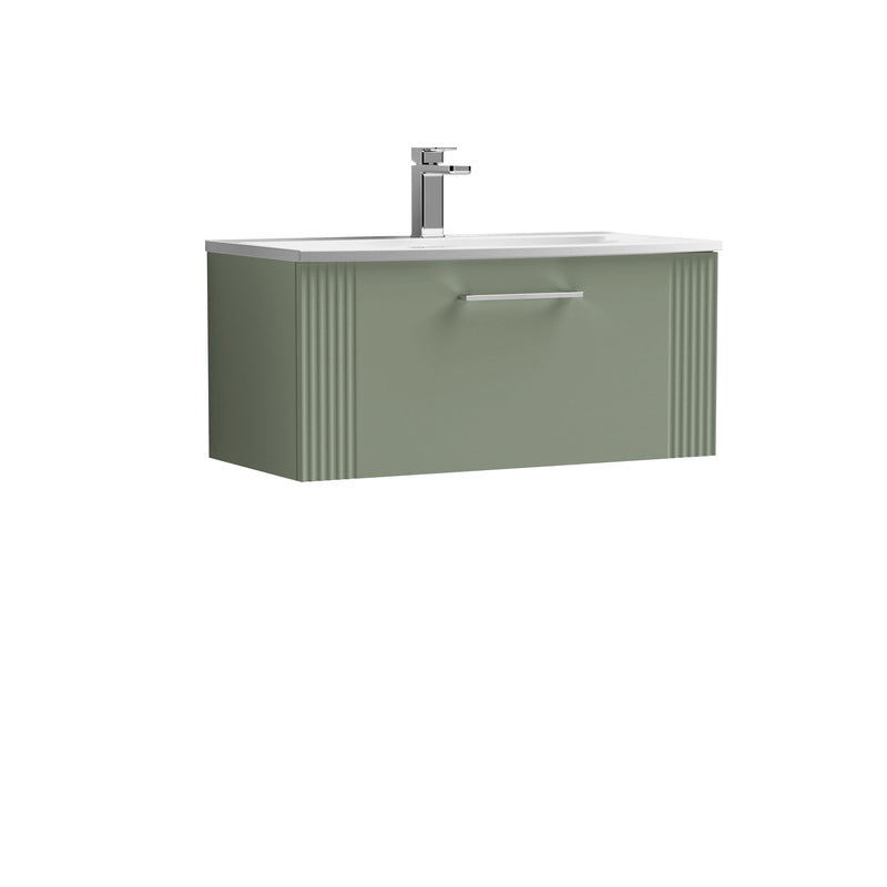 Nuie Deco Wall Hung Vanity Unit with Curved Basin - Satin Green 800mm 1 drawer