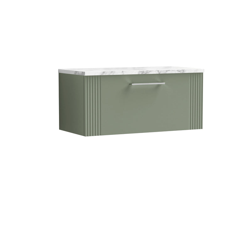 Nuie Deco Counter Top Vanity Unit with Carrara Laminate Worktop - Satin Green 800mm 1 Drawer