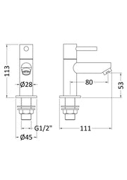 Nuie Series Two Chrome Basin Pillar Taps - Pair dimensions line drawing