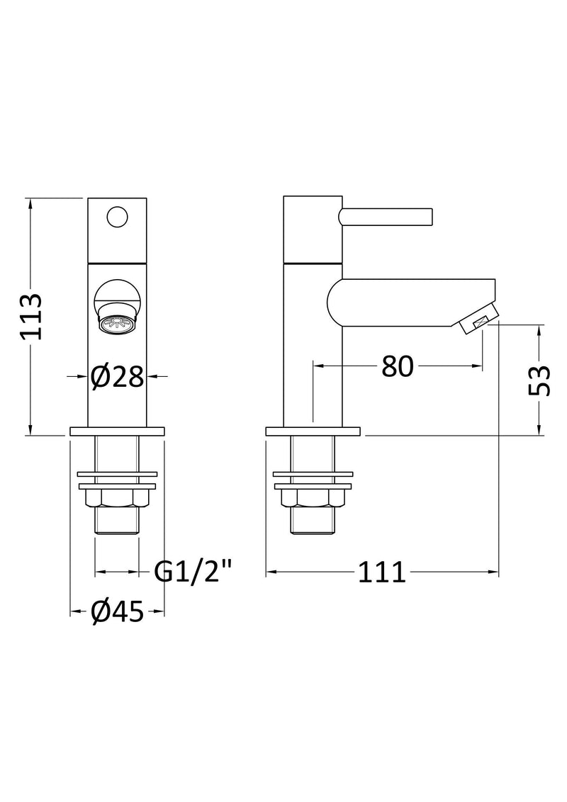 Nuie Series Two Chrome Basin Pillar Taps - Pair dimensions line drawing