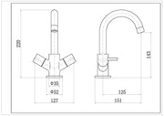 Nuie Series Two Chrome Mono Basin Mixer with Swivel Spout & Push Button Waste dimensions line drawing