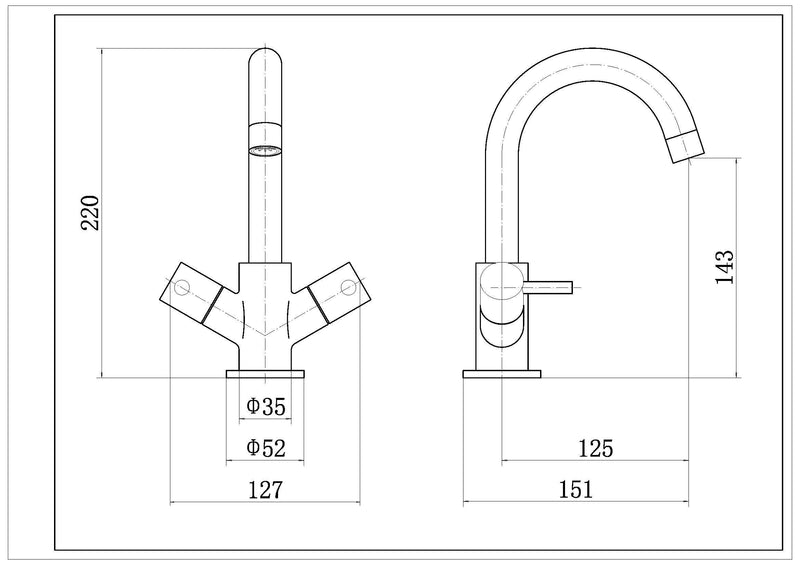 Nuie Series Two Chrome Mono Basin Mixer with Swivel Spout & Push Button Waste dimensions line drawing