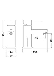 Nuie Series Two Chrome Mono Basin Mixer with Push Button Waste dimensions line drawing