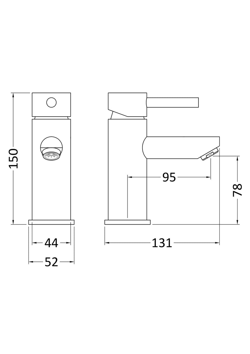 Nuie Series Two Chrome Mono Basin Mixer with Push Button Waste dimensions line drawing