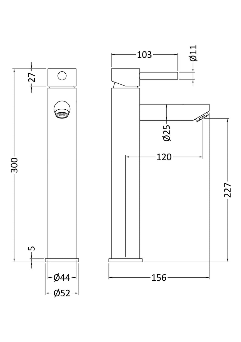 Nuie Series Two Chrome High Rise Basin Mixer dimensions line drawing