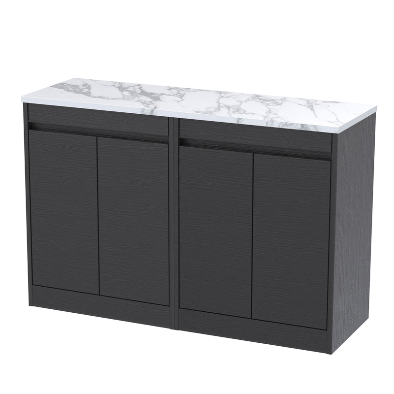 Nuie Havana Floor Standing Counter Top Vanity Unit with Carrara Laminate Worktop - Graphite Grey Woodgrain 1200mm 4 Door