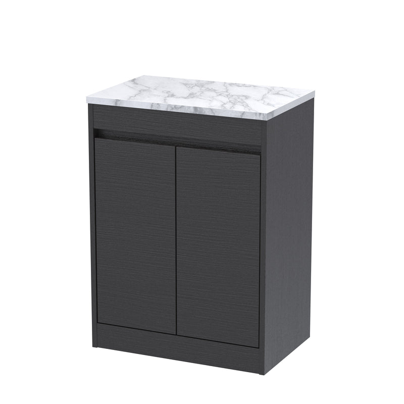 Nuie Havana Floor Standing Counter Top Vanity Unit with Carrara Laminate Worktop - Graphite Grey Woodgrain 600mm 2 Door