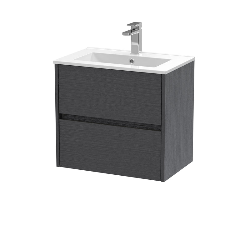Nuie Havana Wall Hung Vanity Unit with Minimalist Basin - Graphite Grey Woodgrain 600mm