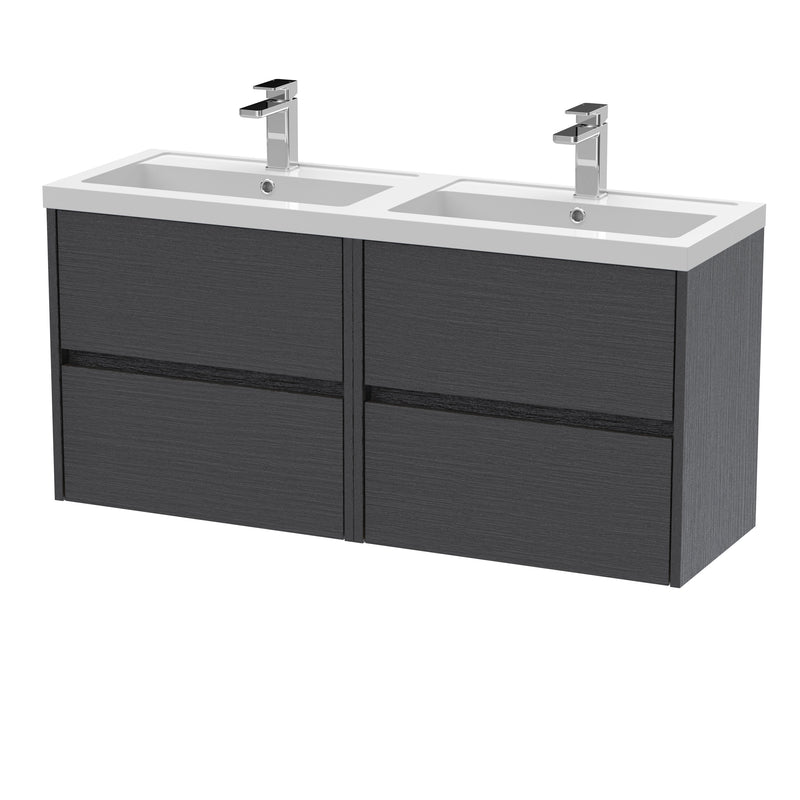 Nuie Havana 1200mm Wall Hung Vanity Unit with 2 Tap Hole Basin - Graphite Grey Woodgrain Polymarble