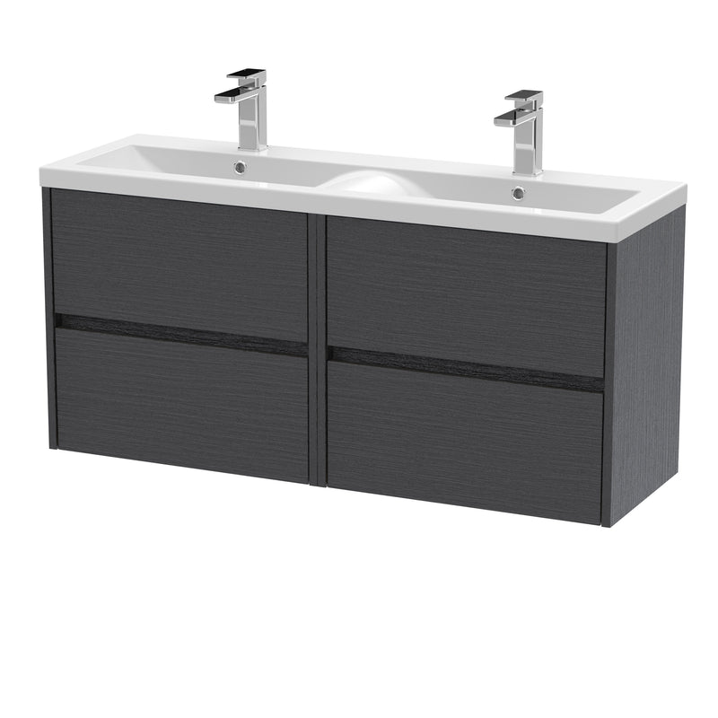 Nuie Havana 1200mm Wall Hung Vanity Unit with 2 Tap Hole Basin - Graphite Grey Woodgrain Ceramic