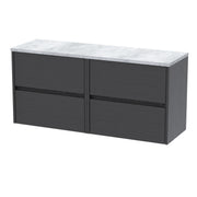 Nuie Havana Wall Hung Counter Top Vanity Unit with Bellato Grey Worktop - Graphite Grey Woodgrain 1200mm 4 Drawer