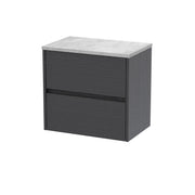 Nuie Havana Wall Hung Counter Top Vanity Unit with Bellato Grey Worktop - Graphite Grey Woodgrain 600mm 2 Drawer