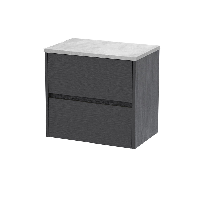 Nuie Havana Wall Hung Counter Top Vanity Unit with Bellato Grey Worktop - Graphite Grey Woodgrain 600mm 2 Drawer