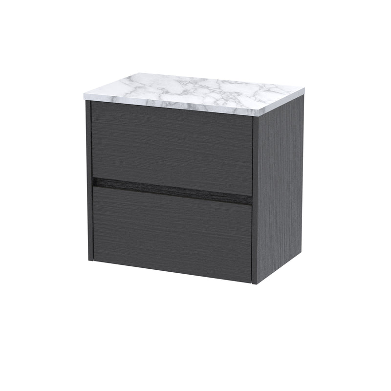 Nuie Havana Wall Hung Counter Top Vanity Unit with Carrara Laminate Worktop - Graphite Grey Woodgrain 600mm 2 Drawer